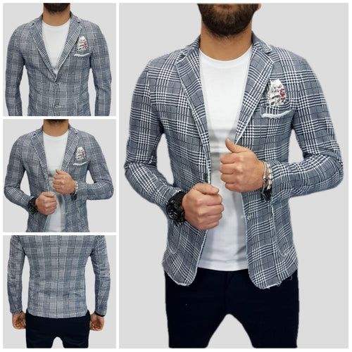 GIACCA UOMO BLAZER QUADRI GALLES BLU/BIANCO COTONE ELASTICO SLIM S,M,L,XL 79OS