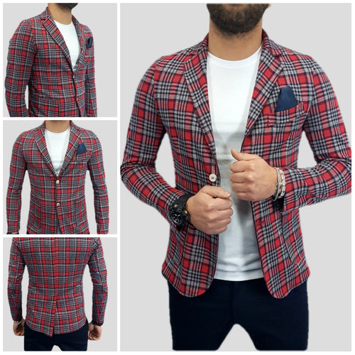 GIACCA UOMO BLAZER SCOZZESE ROSSO/BLU COTONE ELASTICO POCHETTE SLIM FIT S,M,L,XL 7972OS